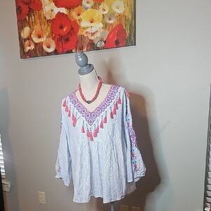 Embroidered Boho Blouse - White with Pink Accents